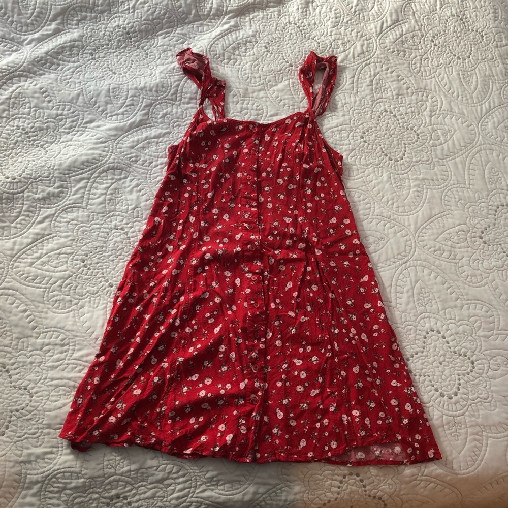 red floral sundress spaghetti straps button front